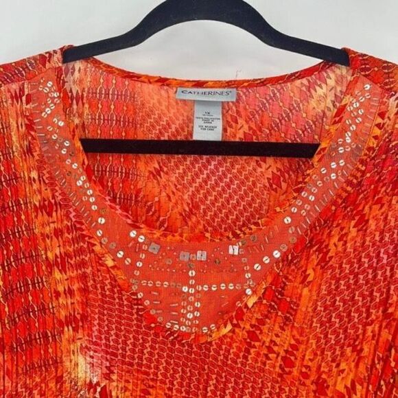 Catherines Women's Geometric Sequins Pleated 3/4 Sleeve Blouse Orange Size 1X - Picture 3 of 8